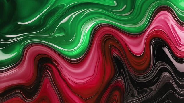 Abstract background of marble melting and moving in waves of green mixed with shiny red