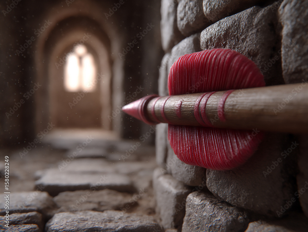 Poster a 3d rendering showing a red arrow forcefully piercing through an old, cracked wall