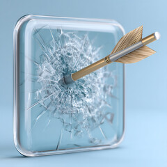 a golden arrow shattering a glass barrier with a bright light behind it.