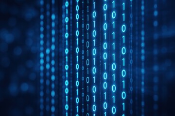 Binary Code: Lines of digital ones and zeros stream downwards in a captivating display of modern technology and data transmission. Perfect for illustrating concepts of data, technology.