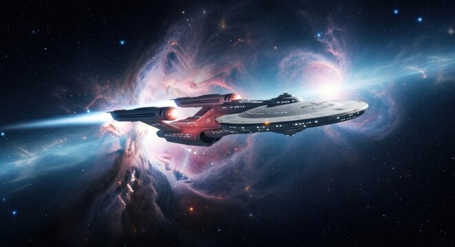 A colossal starship navigates through a vibrant nebula in the vast expanse of deep space - Powered by Adobe