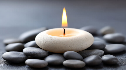 a candle nestled among smooth stones by a gentle stream at night.
