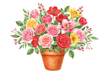 Illustration of Floral Bouquet with Roses Tulips and Lily in Vase