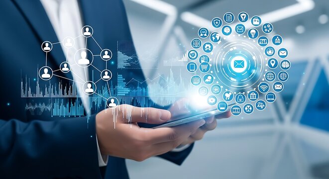 A businessman holds a smartphone displaying a network of icons and data visualizations, representing connectivity and technology.