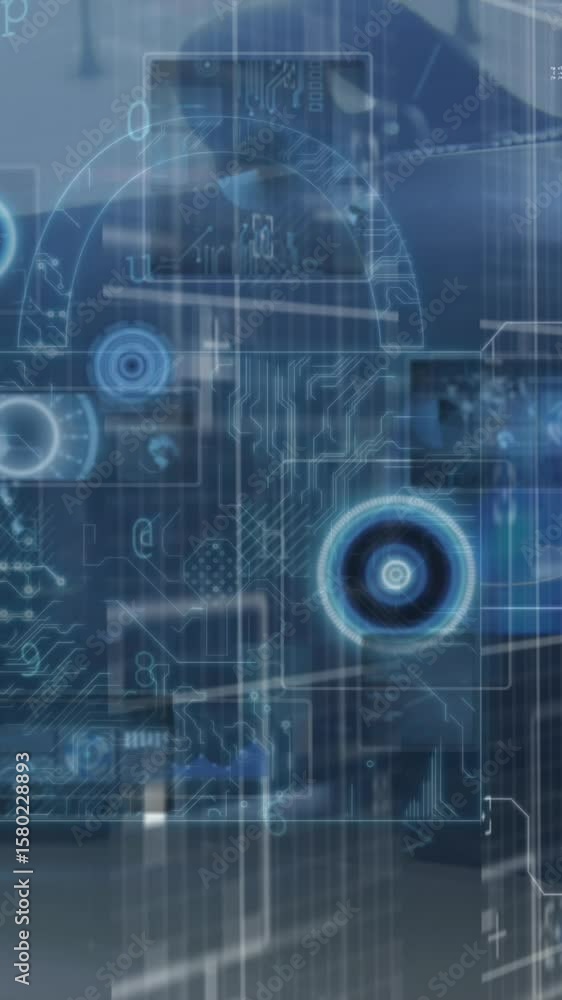 Poster animation of digital data processing and digital interface over person using vr headset