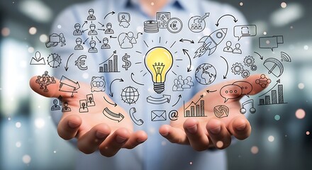 Person holding a glowing lightbulb surrounded by business and innovation icons.