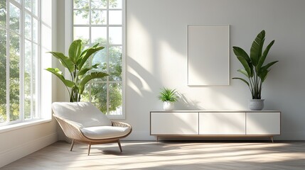 Minimalist Living Room with Natural Light, White Cabinet, and Potted Plant for Clean Design