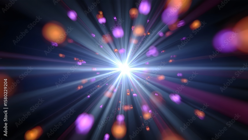 Poster bright light source with glowing particles radiating outwards in a dark background