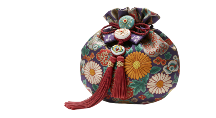 Isolated Brocade Pouch Purple Traditional Accessory with Floral Pattern