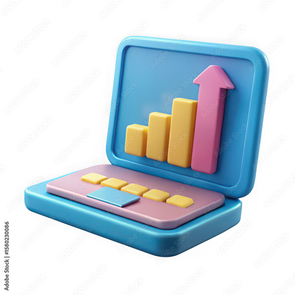 Poster 3d cartoon laptop displaying a growth chart with an upward arrow isolated on transparent background