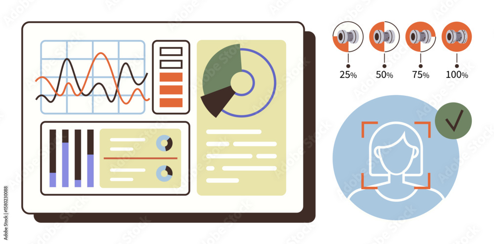 Poster analytical dashboard with graphs, charts, and text data alongside sound level indicators and facial 