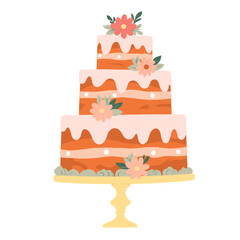 Three-tiered wedding cake decorated with flowers on a stand  