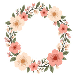 Floral wreath with pink and peach flowers on white background  