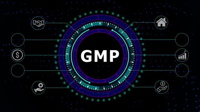 Futuristic G M P Concept Visualization Animated Digital Interface Displaying Data Analysis and