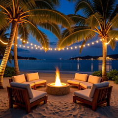 Fototapeta premium Tropical Beach Fire Pit Lounge at Sunset