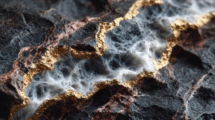 Obraz premium Macro Photography of Intricate Gold Veins in Black Rock, Nature Close-Up, Textured Surface