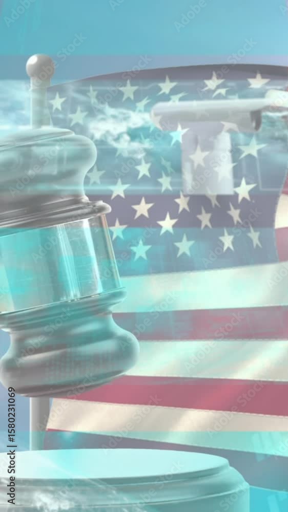 Poster animation of data processing over gavel and flag of usa