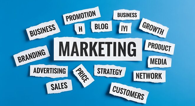 Torn paper pieces with marketing terms surround a central "MARKETING" word.