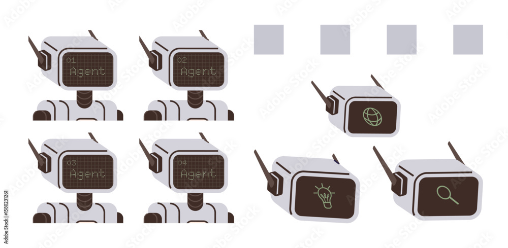 Poster group of robots with digital screens showing icons for global network, idea, and search. ideal for t
