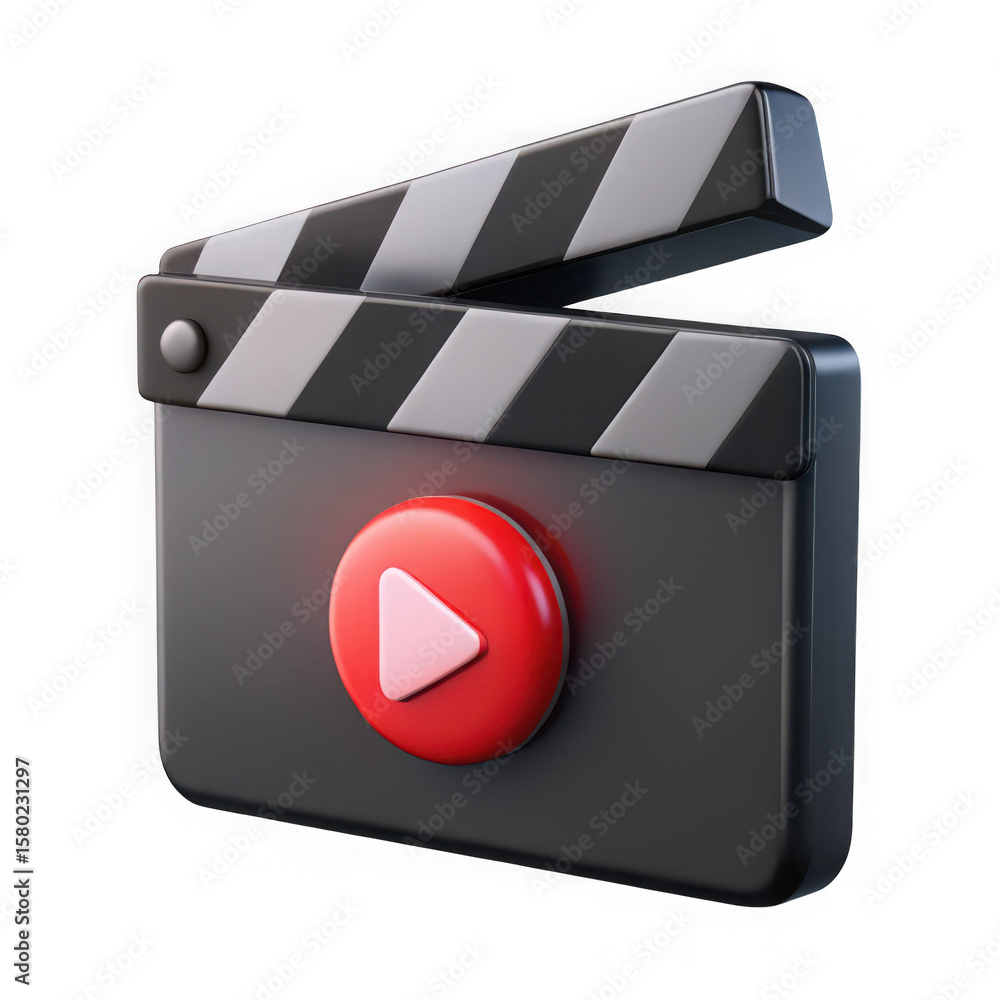 Poster 3d rendered black clapperboard with red play button isolated on transparent background