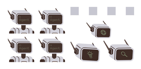 Group of robots with digital screens showing icons for global network, idea, and search. Ideal for technology, AI, machine learning, robotics, innovation, research digital connectivity simple flat