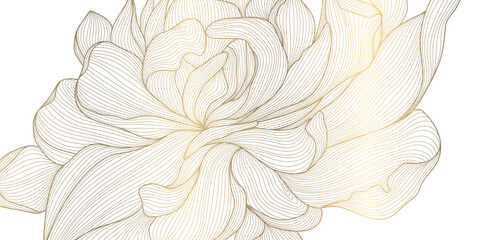 Vector line gold flower abstract pattern, blossom elegant luxury ornament, petals and leaves texture. Beauty foliage royal design, background
