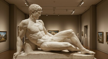 Large white marble reclining male nude statue in an art museum with paintings and busts