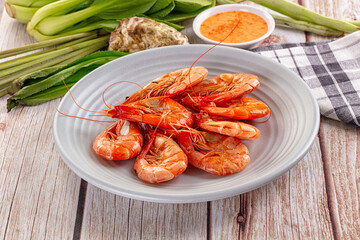 Delicous boiled tiger prawn with sauce