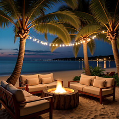 Fototapeta premium Tropical Beach Fire Pit Lounge at Sunset