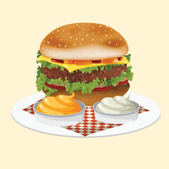 Juicy hamburger Cheeseburgers and Grilled Peaches Summer Sensation on white background