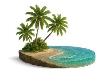 Pristine tropical island, palm trees silhouetted against transparent backdrop, crystal waters caressing white sandy shoreline