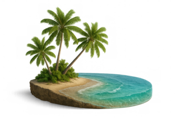 Pristine tropical island, palm trees silhouetted against transparent backdrop, crystal waters caressing white sandy shoreline