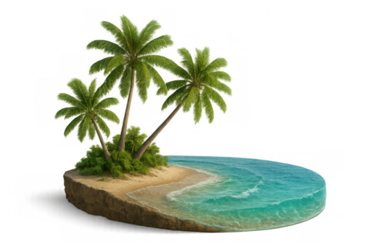 Pristine tropical island, palm trees silhouetted against transparent backdrop, crystal waters caressing white sandy shoreline