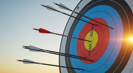 Several arrows are stuck in a colorful target, one hitting the bullseye, with a bright light in the background.