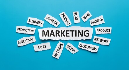 The word "MARKETING" is prominently displayed on torn paper, surrounded by other related business terms on blue background.