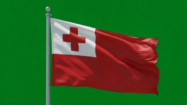 Tongan Flag Waving Proudly: The national flag of Tonga, with its distinctive red field, white canton, and red cross, flutters gracefully against a bright sky, symbolizing national identity and pride. - Powered by Adobe
