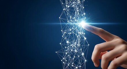 A human finger touches a glowing network structure, symbolizing connection and innovation.