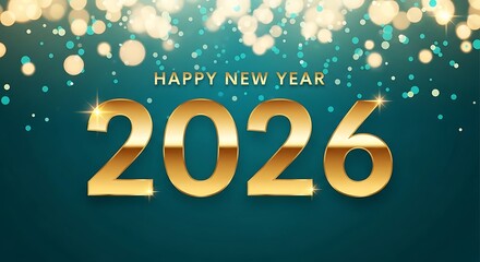 Happy New Year 2026 is presented with golden text and shimmering light on teal