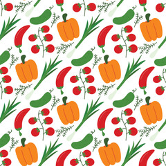 Bright vegetable seamless pattern. Background harvest of paprika, onions, cherry tomatoes, peppers, cucumbers, spices and herbs. Healthy vegan food print,Bright vegetable seamless pattern.