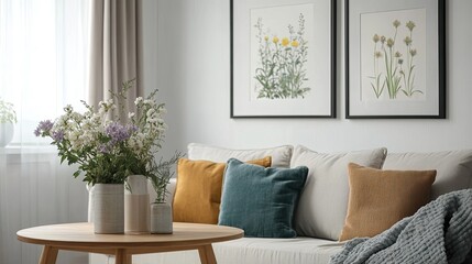 Minimalist Scandinavian living room with white walls, wooden table, floral bouquet, and framed artwork 