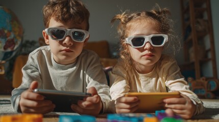 Kids playing multiplayer AR treasure hunt in a smart park, laughter and