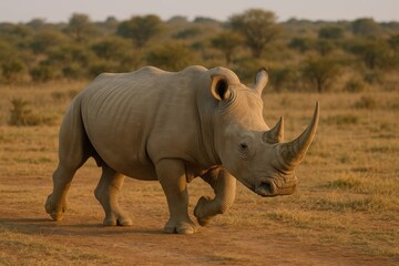 Obraz premium A lone rhinoceros strides across the golden savanna under a hazy sky, embodying the raw beauty of nature