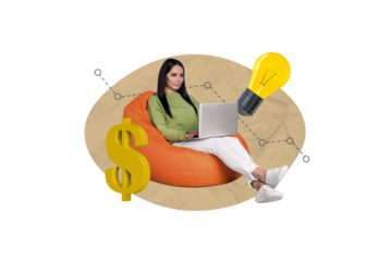 Creative collage of young confident woman sitting pouf use netbook check market idea how invest credit money isolated on beige background