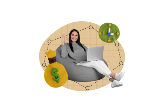 Collage of young satisfied business worker show okey sign hold netbook beanbag money sack plasticine timer isolated on beige background - Powered by Adobe