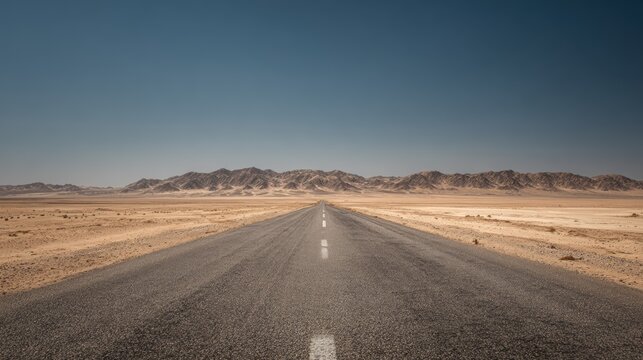 Long straight desert highway in summer, heat haze and blue sky above,