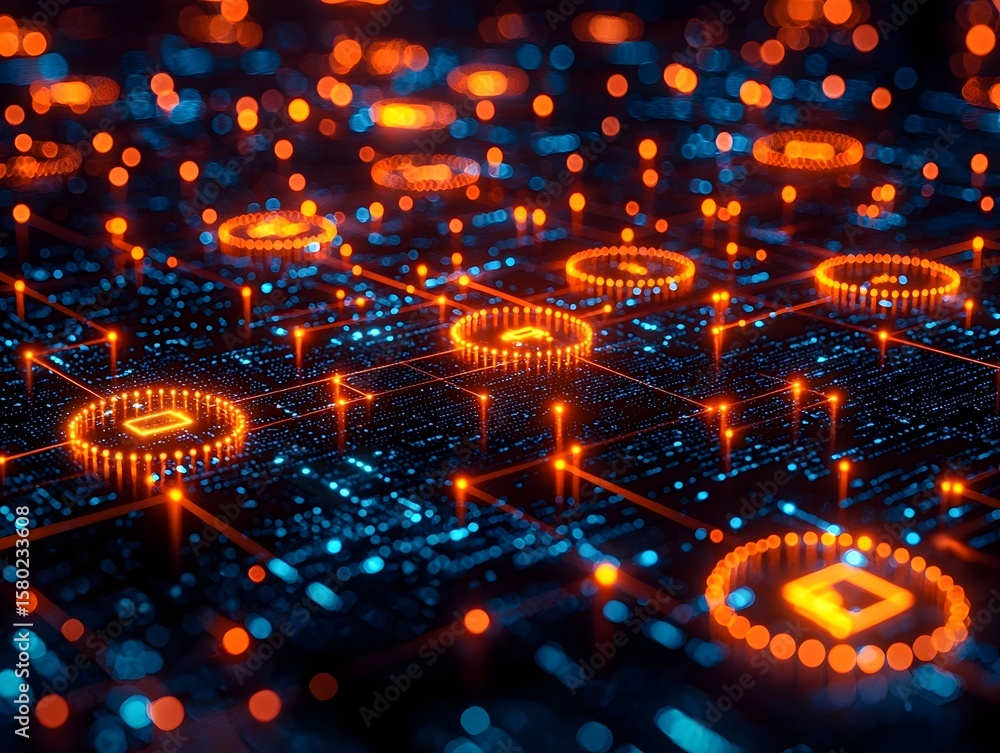 Poster glowing digital circuit board with luminescent patterns