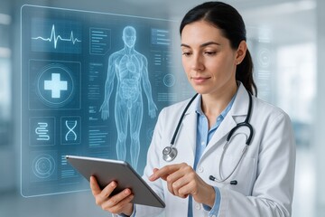 Health Tech in Action: A dedicated physician in a sterile medical environment, utilizes advanced technology on a tablet to analyze and understand a patient's comprehensive health profile.