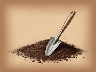  A solitary trowel rests on a rich brown soil canvas