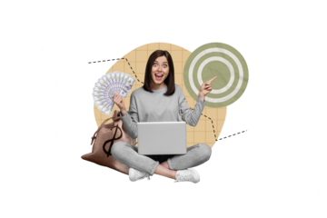 Creative artwork 3d collage photo of impressed ecstatic successful girl make money online with laptop isolated on beige color background