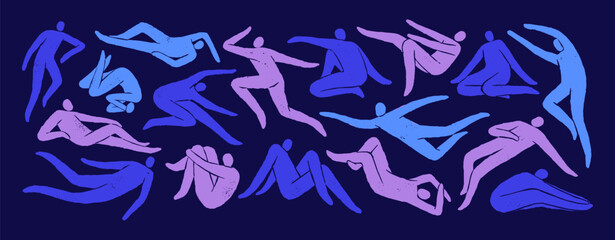 Human silhouettes in Matisse art style set. Abstract naked people are in different poses. Nude figures, blue body shadows are in sitting, lying, flying postures. Flat isolated vector illustrations